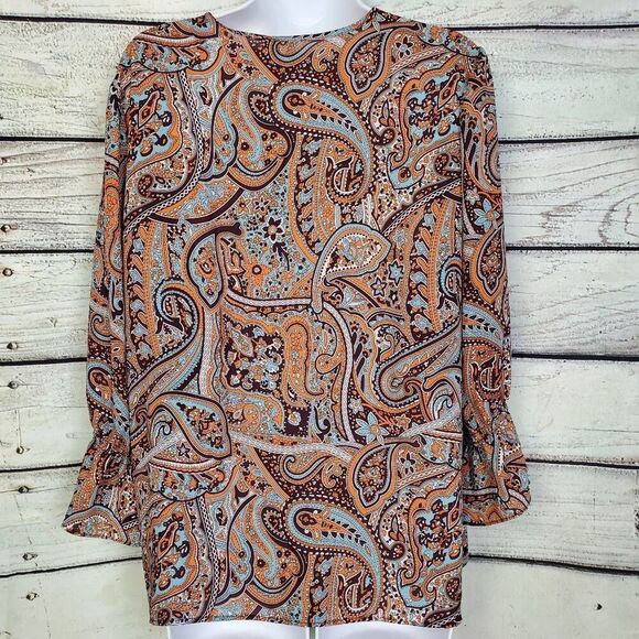 Cato Women’s Paisley Print Tie Neck Blouse L Boho Chic Long Sleeve Button Front - Picture 4 of 7